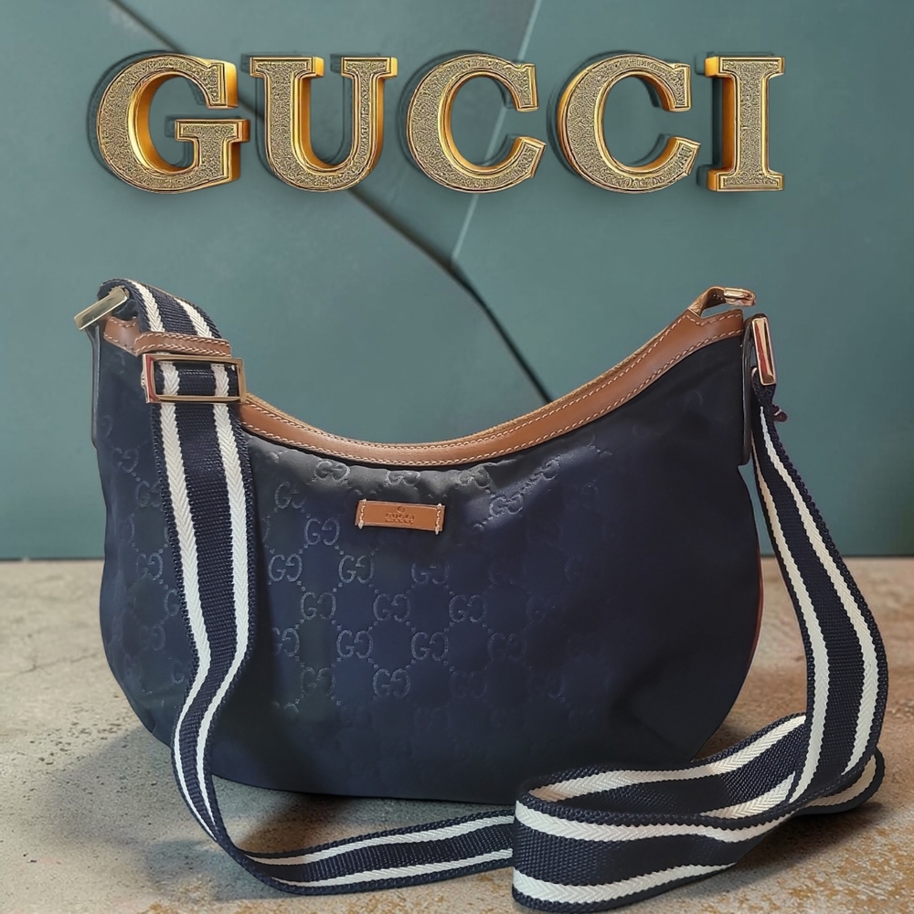 Gucci Navy GG Hobo Bag with Striped Webbing Strap Good Condition
